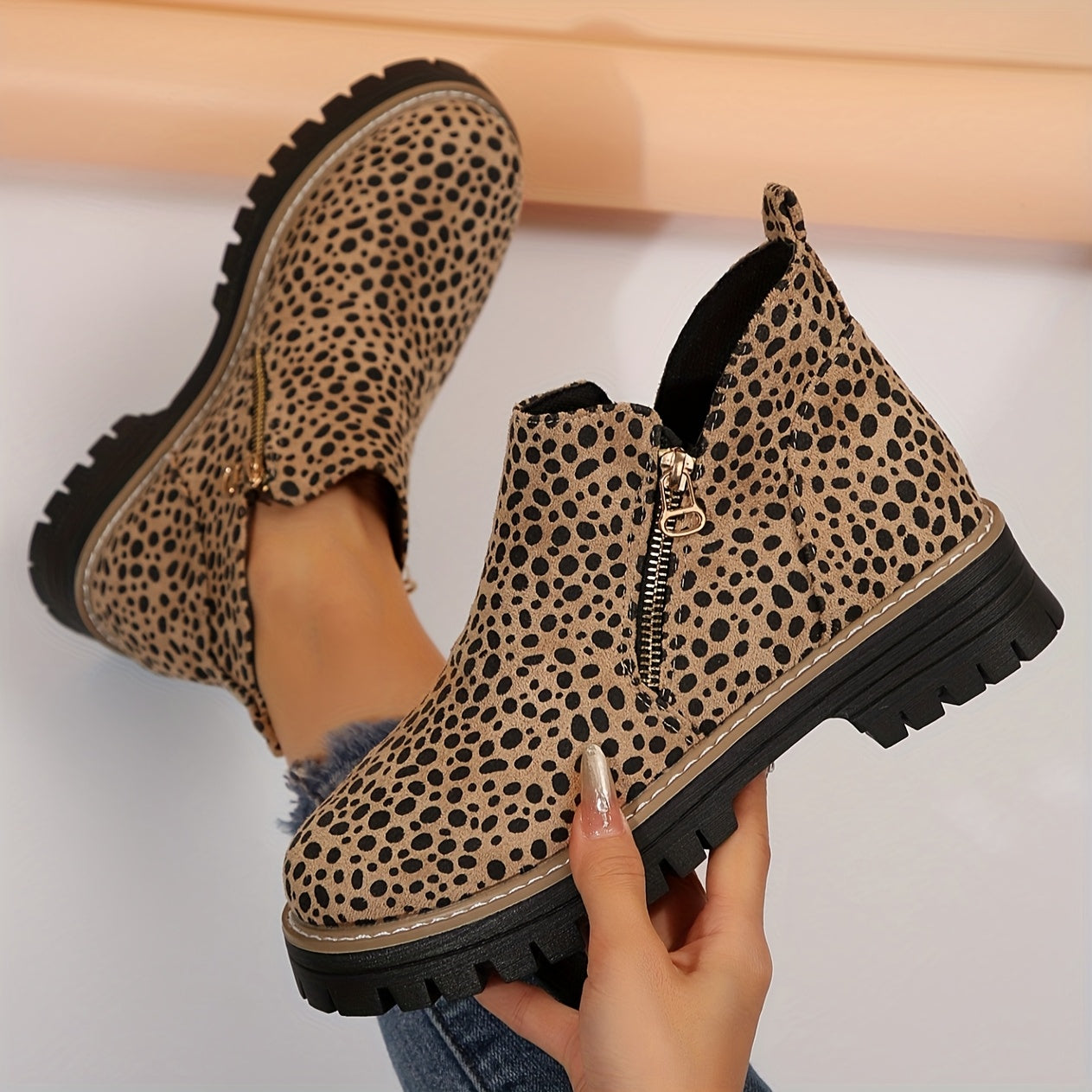 Women Leopard Print Ankle Boots with Zipper Low Block Heel Durable