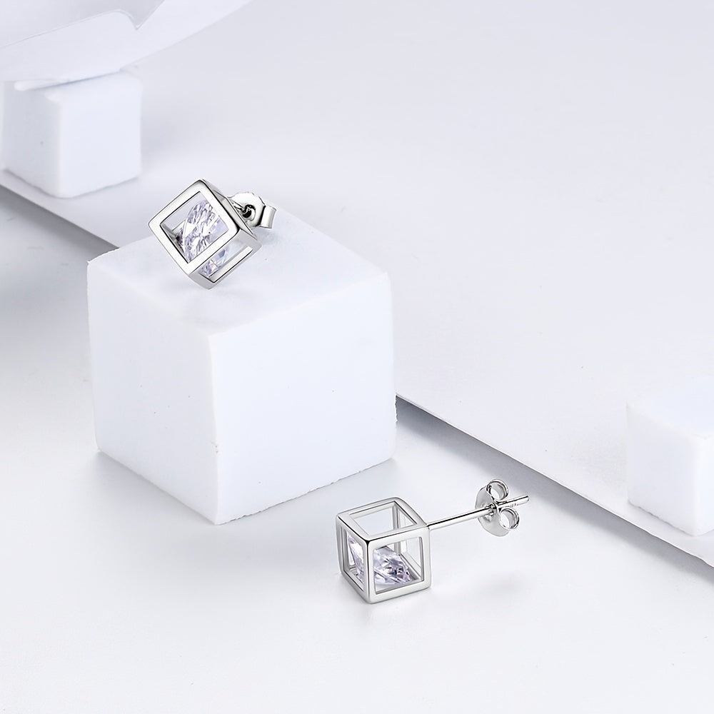 Small 3D Cube Birthstone Stud Earrings for Women Sterling Silver Minimalist Birthday Gift