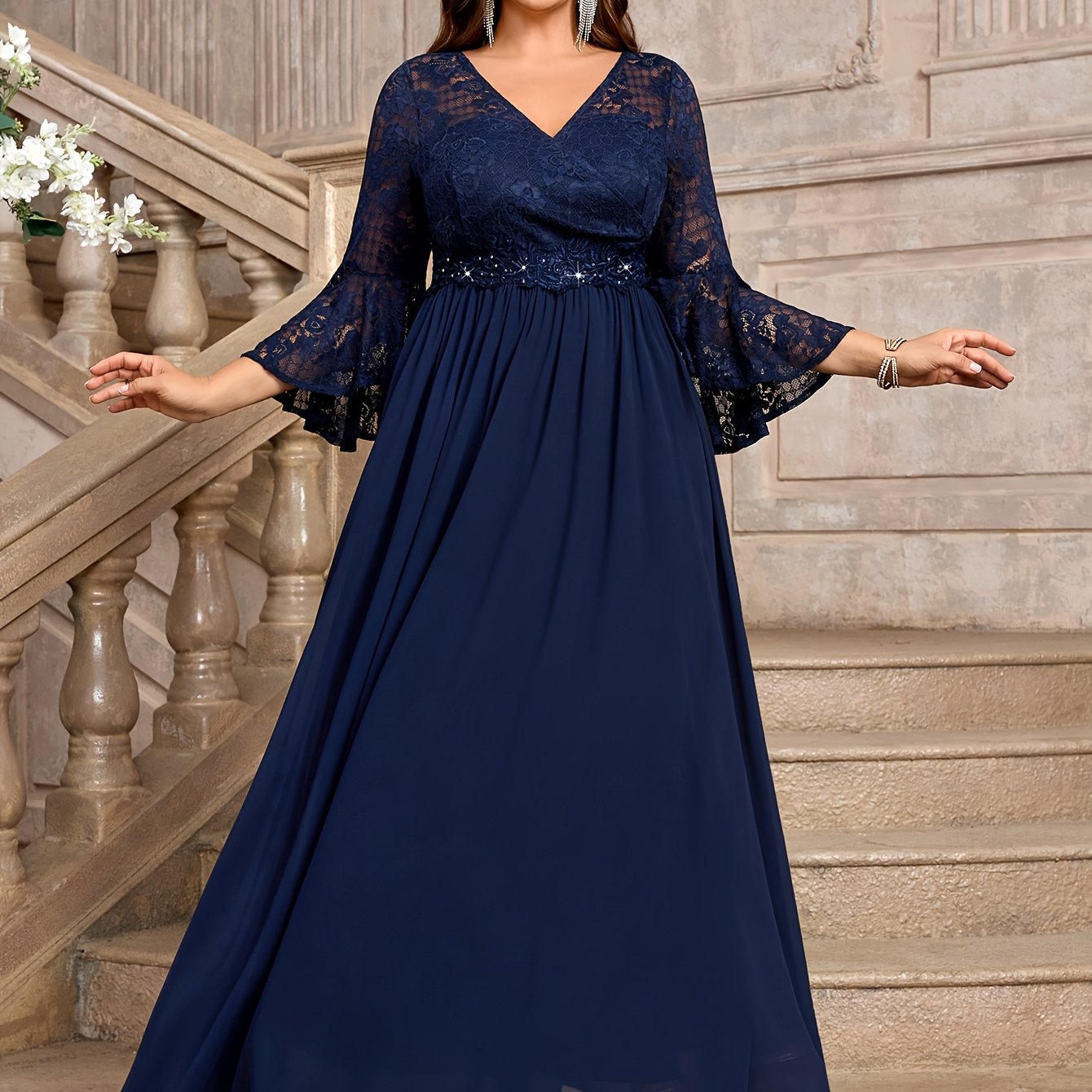 Plus Size Lace V-Neck Gown with Bell Sleeves and Pleated Skirt for Formal Events