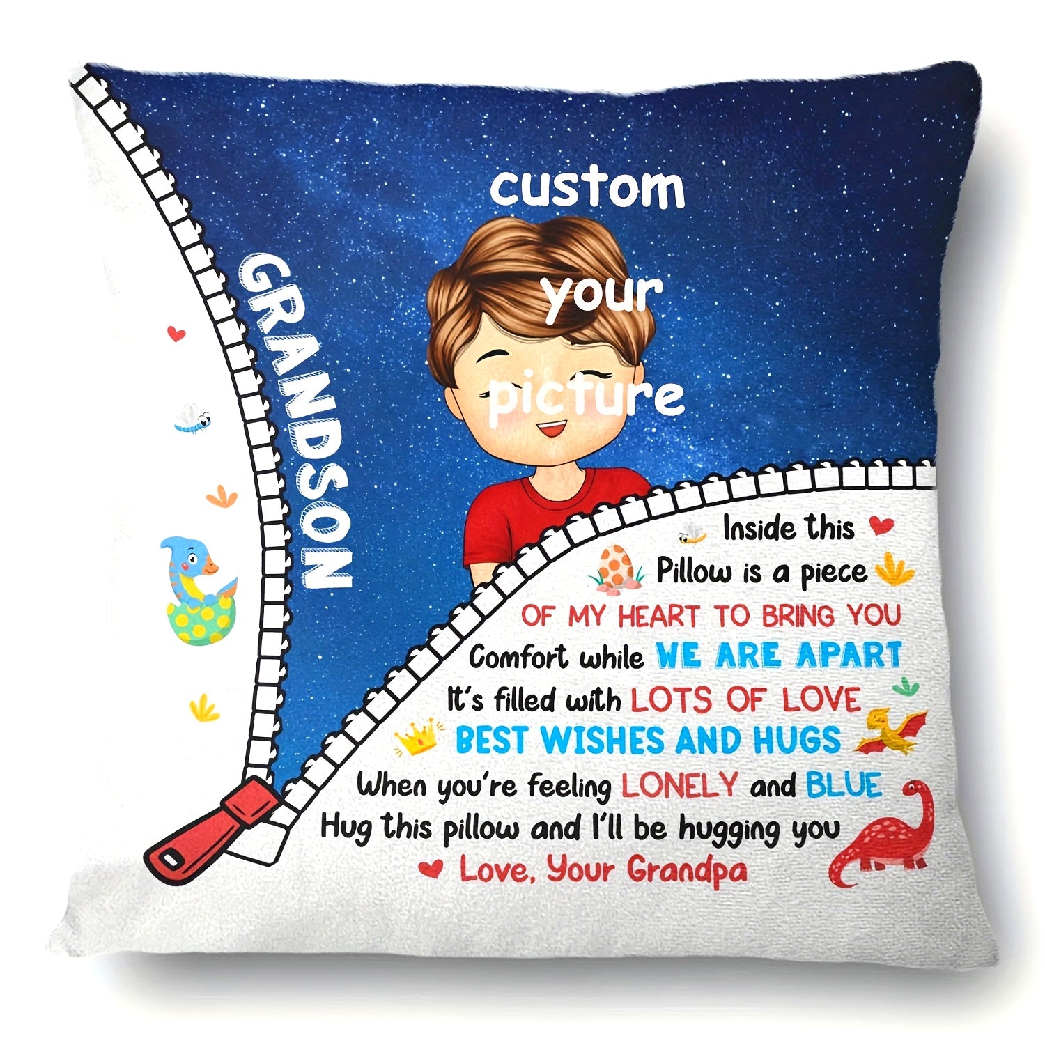 Custom 18x18 Inch Soft Plush Pillow with Hug Message for Grandkids Gift
