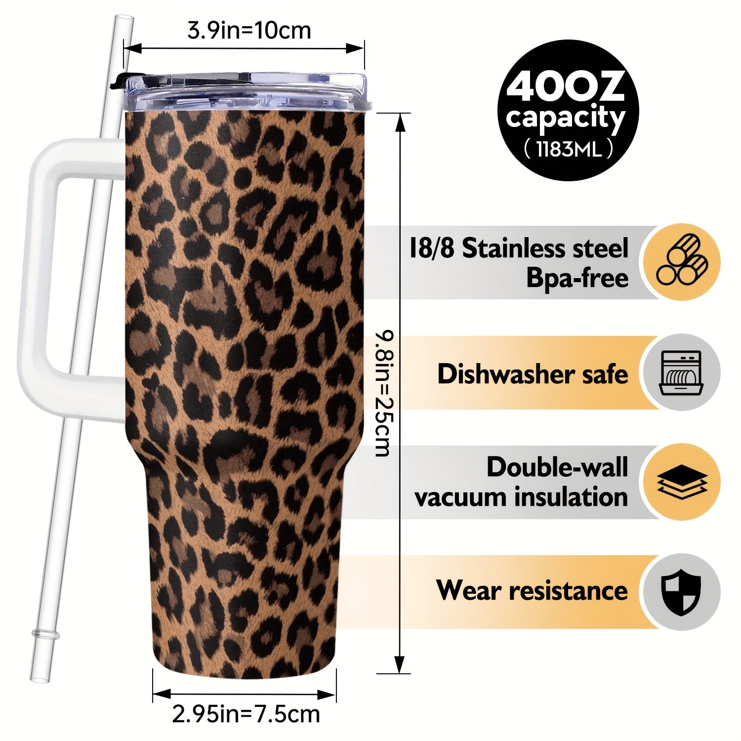 40oz zanglamaydigan po'latdan yasalgan tumbler, tutqich va qopqoq bilan, leopard bosimi, ikki qavatli vakuum mug
