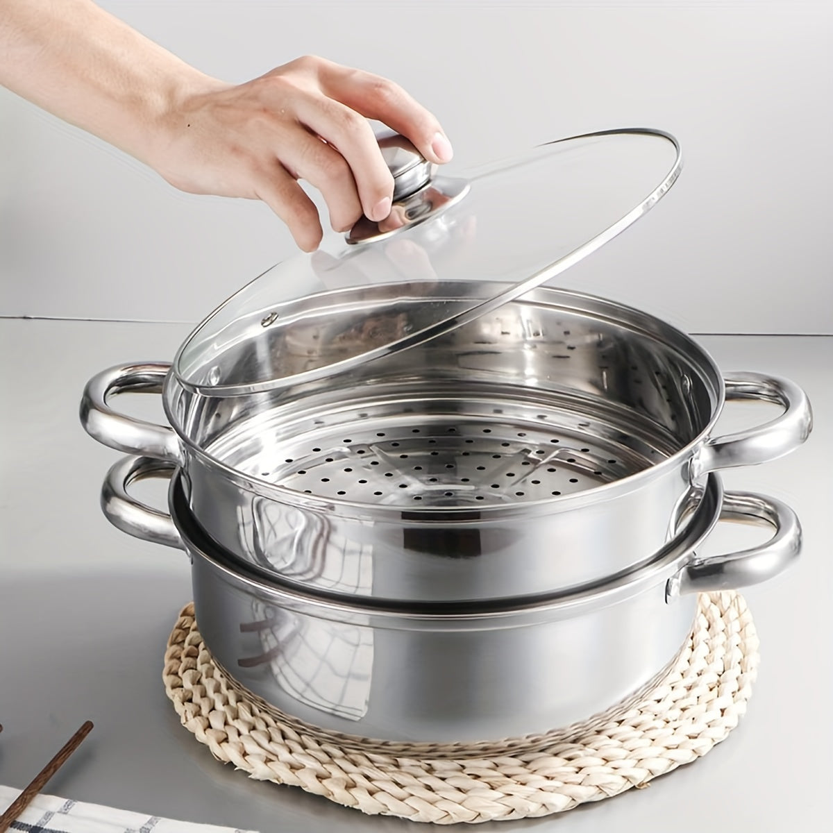 Stainless Steel 2-Tier Steamer Pot with Lid for Vegetables Dumplings Stocks