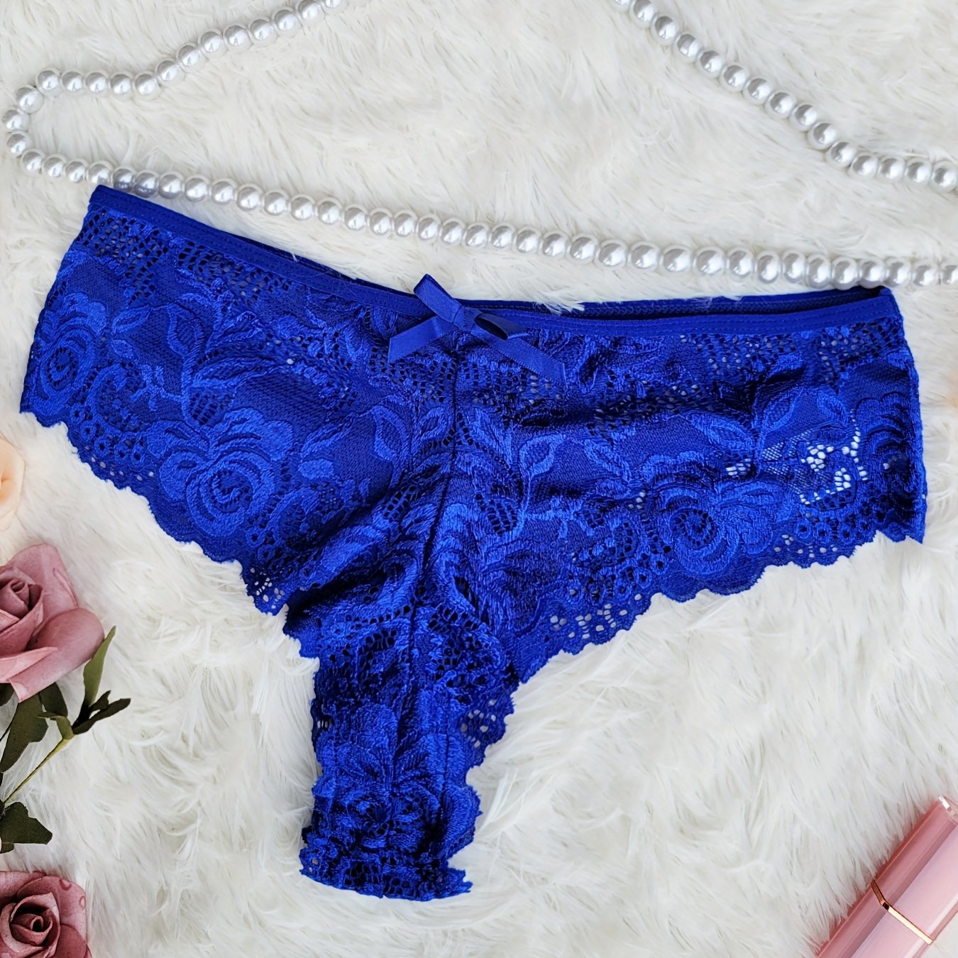 Bragas de encaje transparente de talla grande para mujer, con borde de encaje, flores rojas, de tiro medio