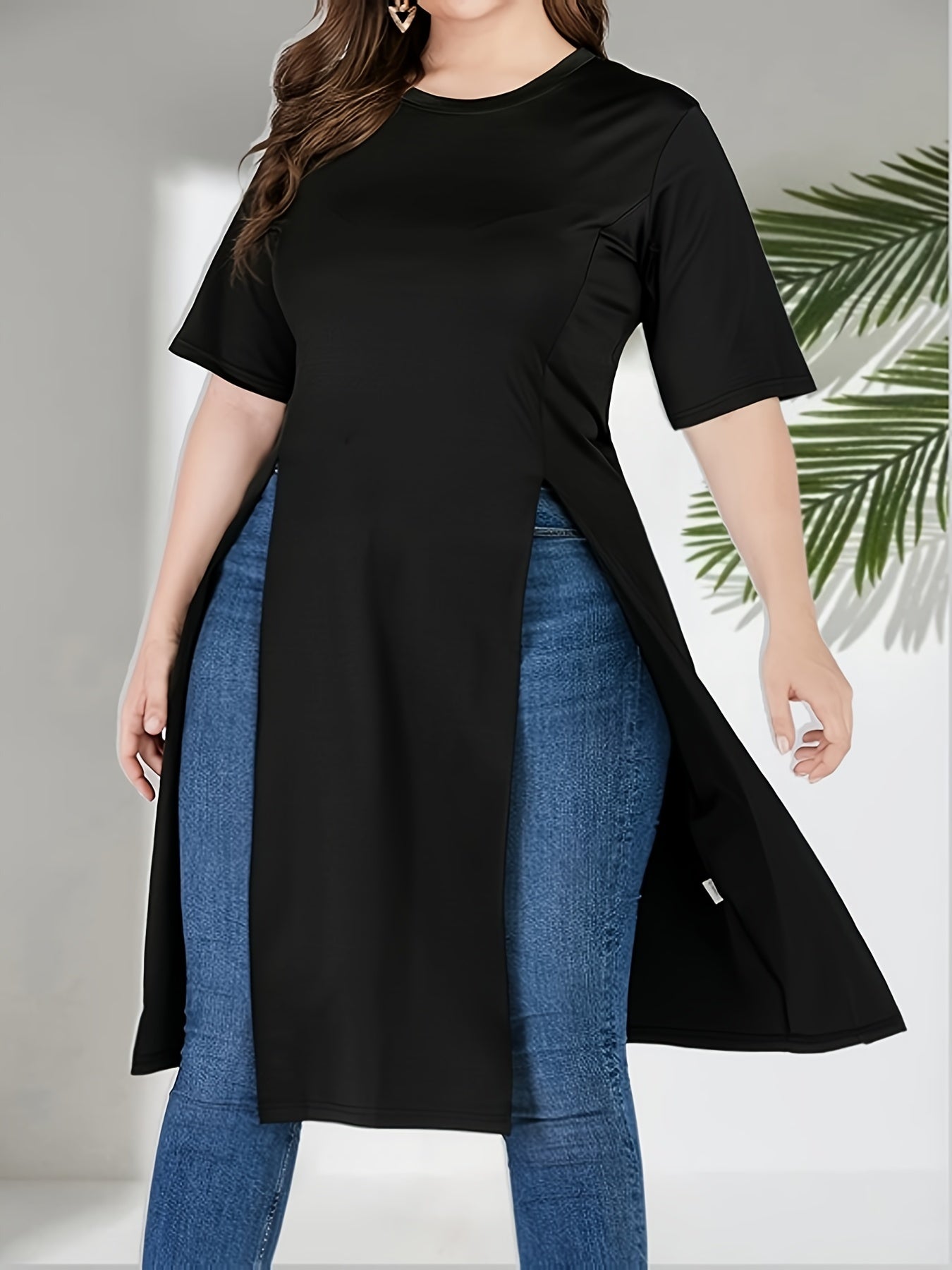 Camiseta larga de talla grande para mujer con aberturas, negro, manga corta, tela elástica