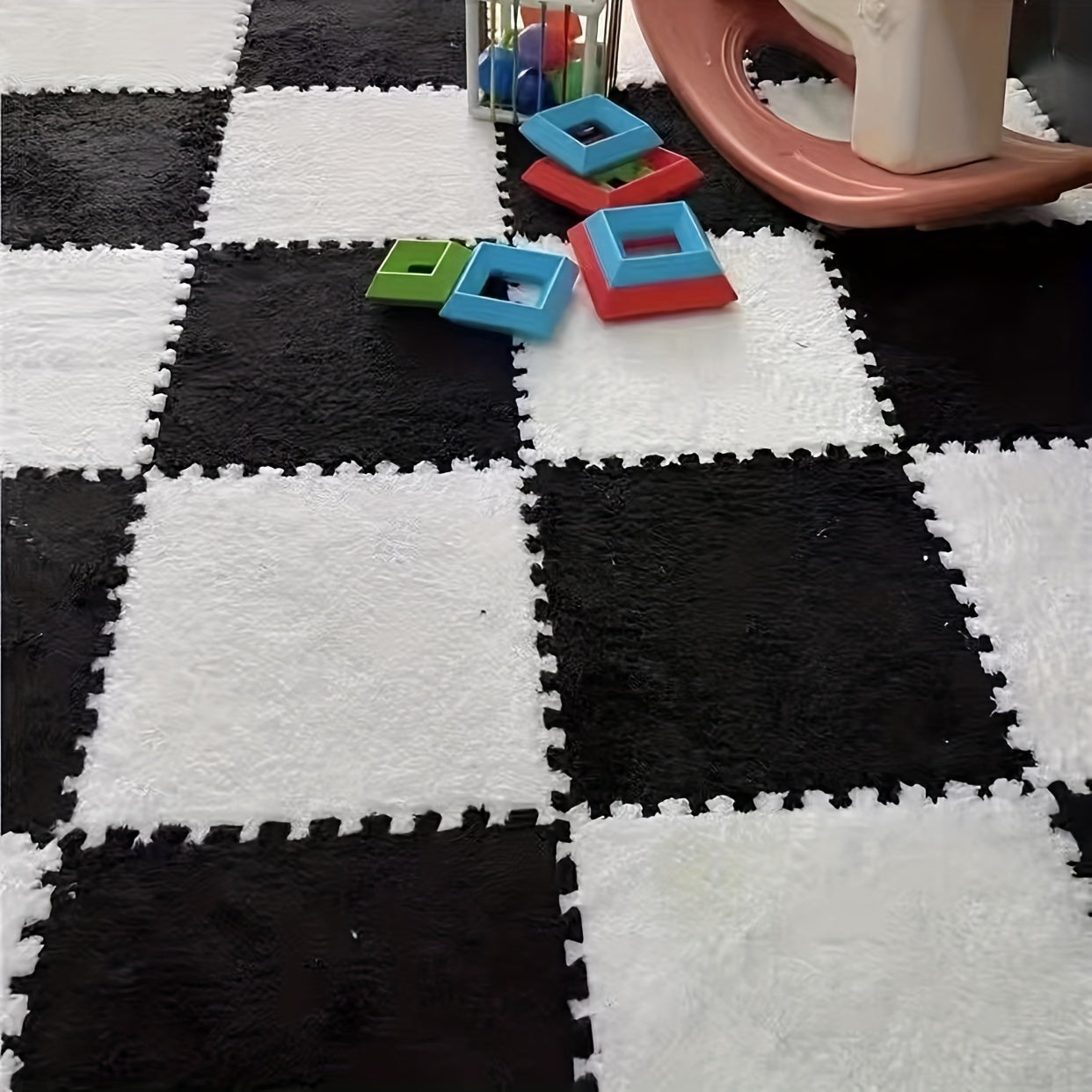 12pcs Black and White Mosaic Carpet Set Washable Plush Mats for Bedroom Living Kitchen Bathroom