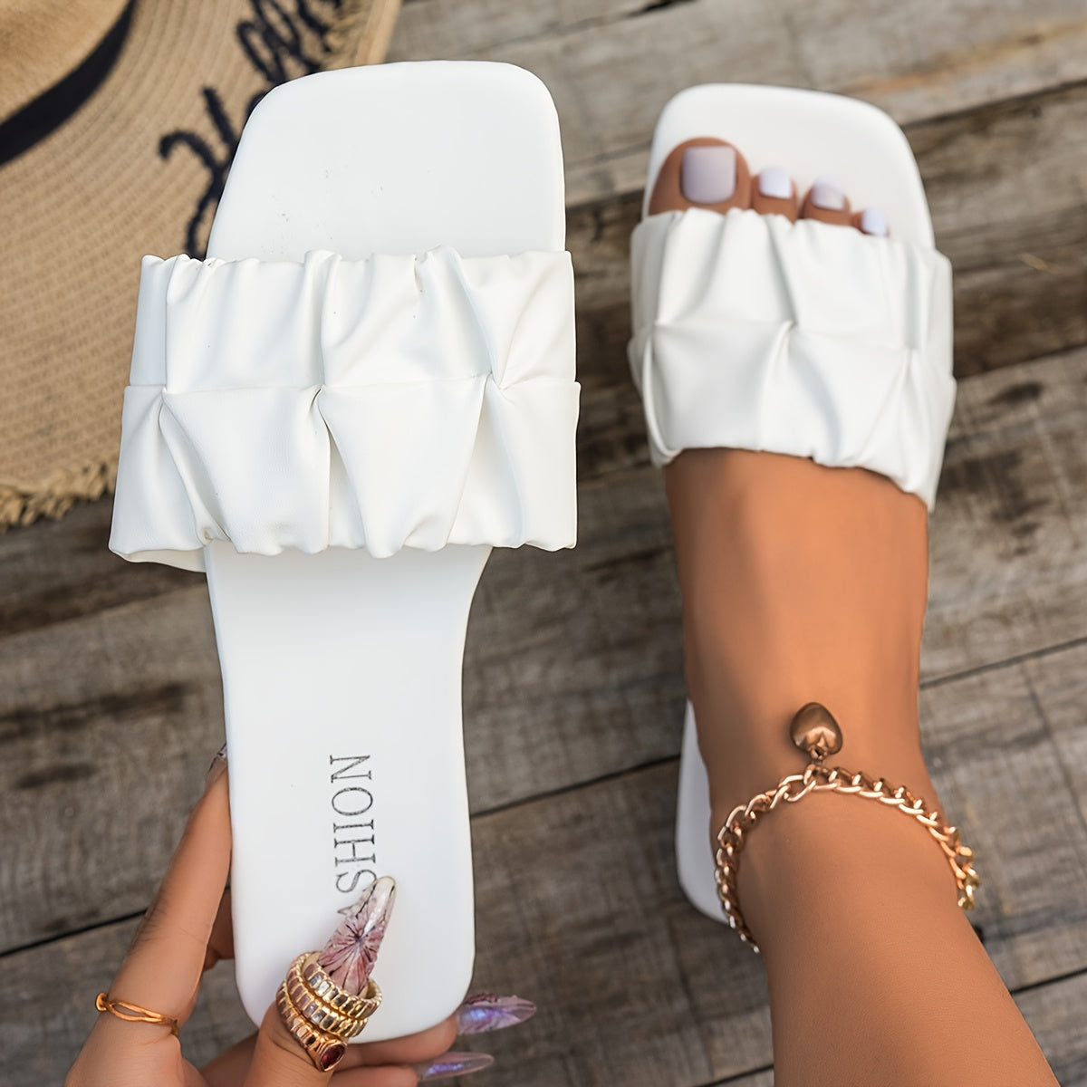 Women's Summer Elegant Slip-On Flats Beige Floral Open Toe Casual Sandals