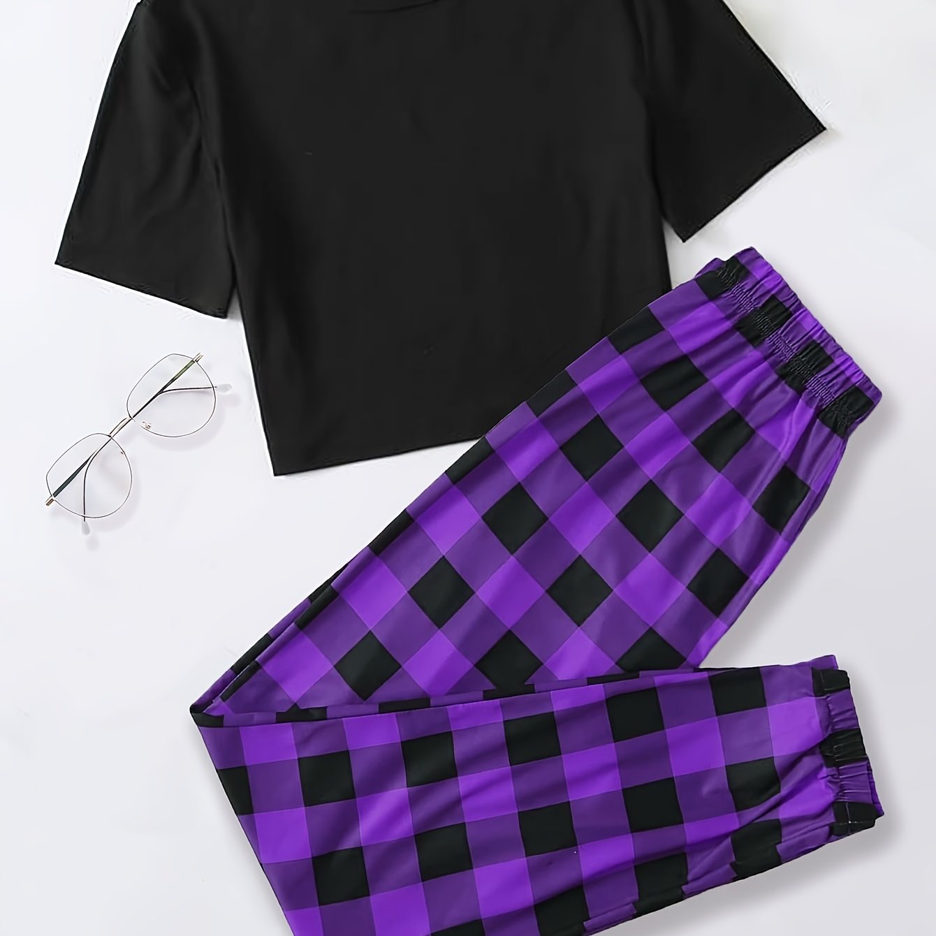 Conjunto de pijama de cuadros para mujer, camiseta de manga corta de jersey y pantalones con cintura elástica
