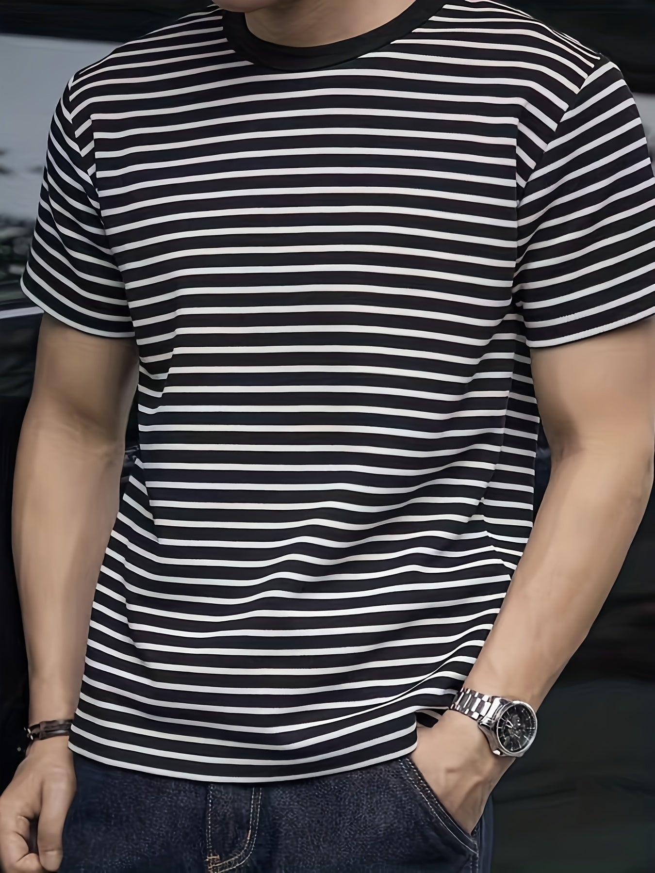 Men's Casual Striped T-Shirt Short Sleeve Crew Neck Polyester Spandex Summer Wear