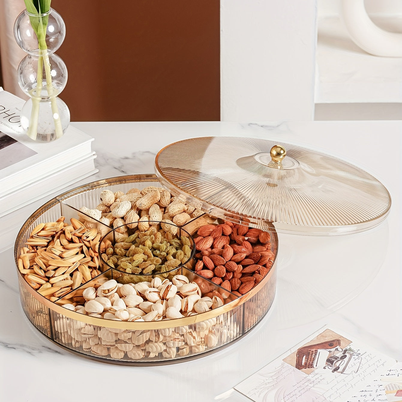 Servidor de caramelo Clear Amber Gray con tapa de 10.92in 28cm para fiestas, bodas y vacaciones