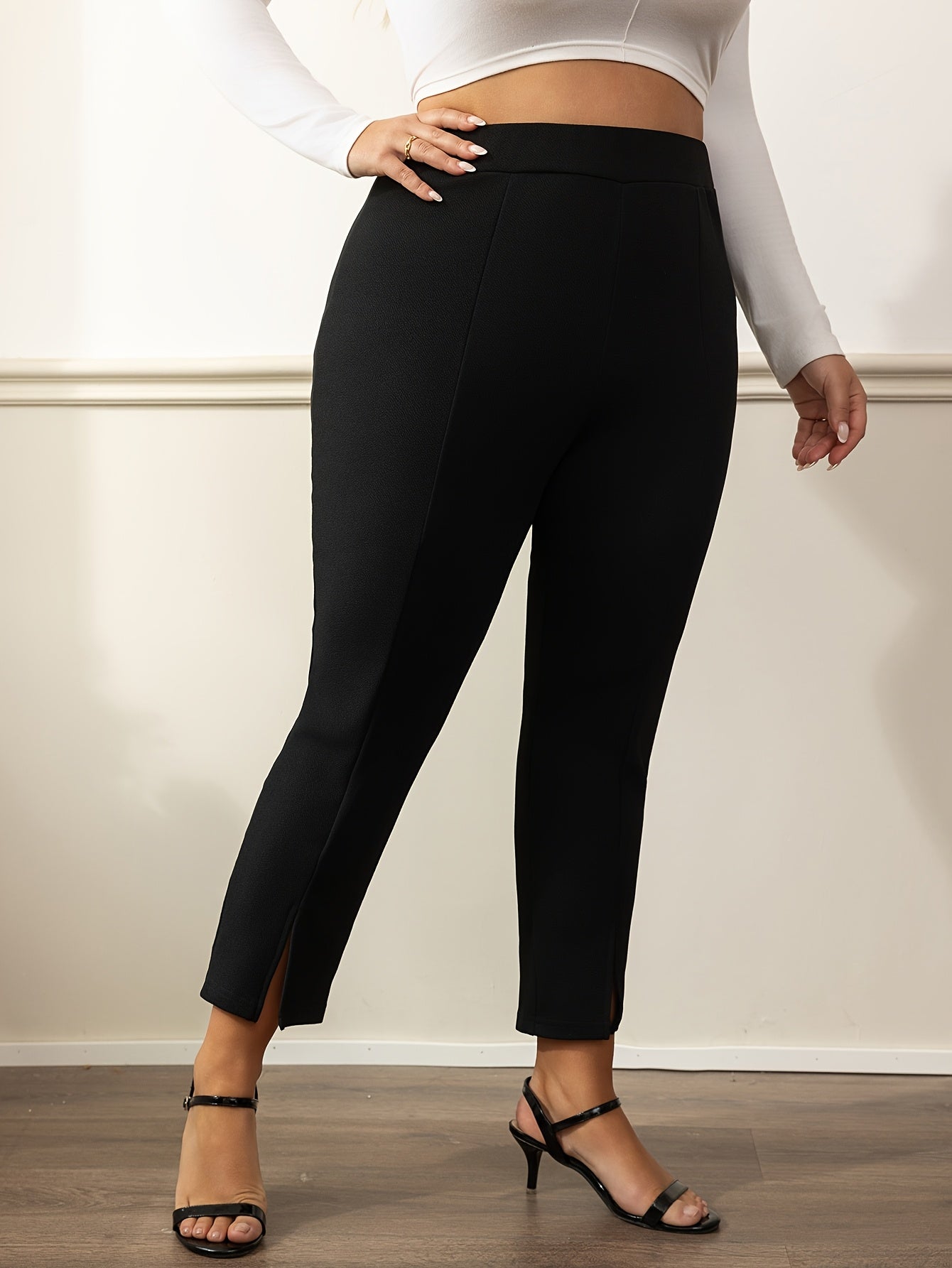 Plus Size Black Tapered Pants with Split Design Stretchy Carrot Pants for Women