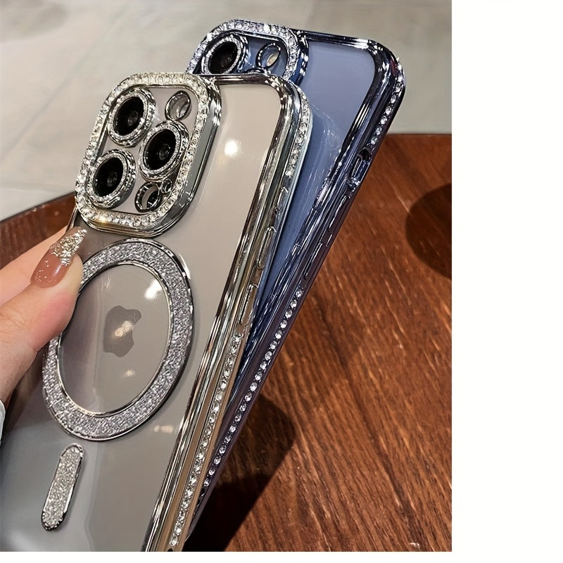 Magnetic Rhinestone Phone Case for iPhone 11-16 TPU Wireless Charging Magsafe Lens Protection