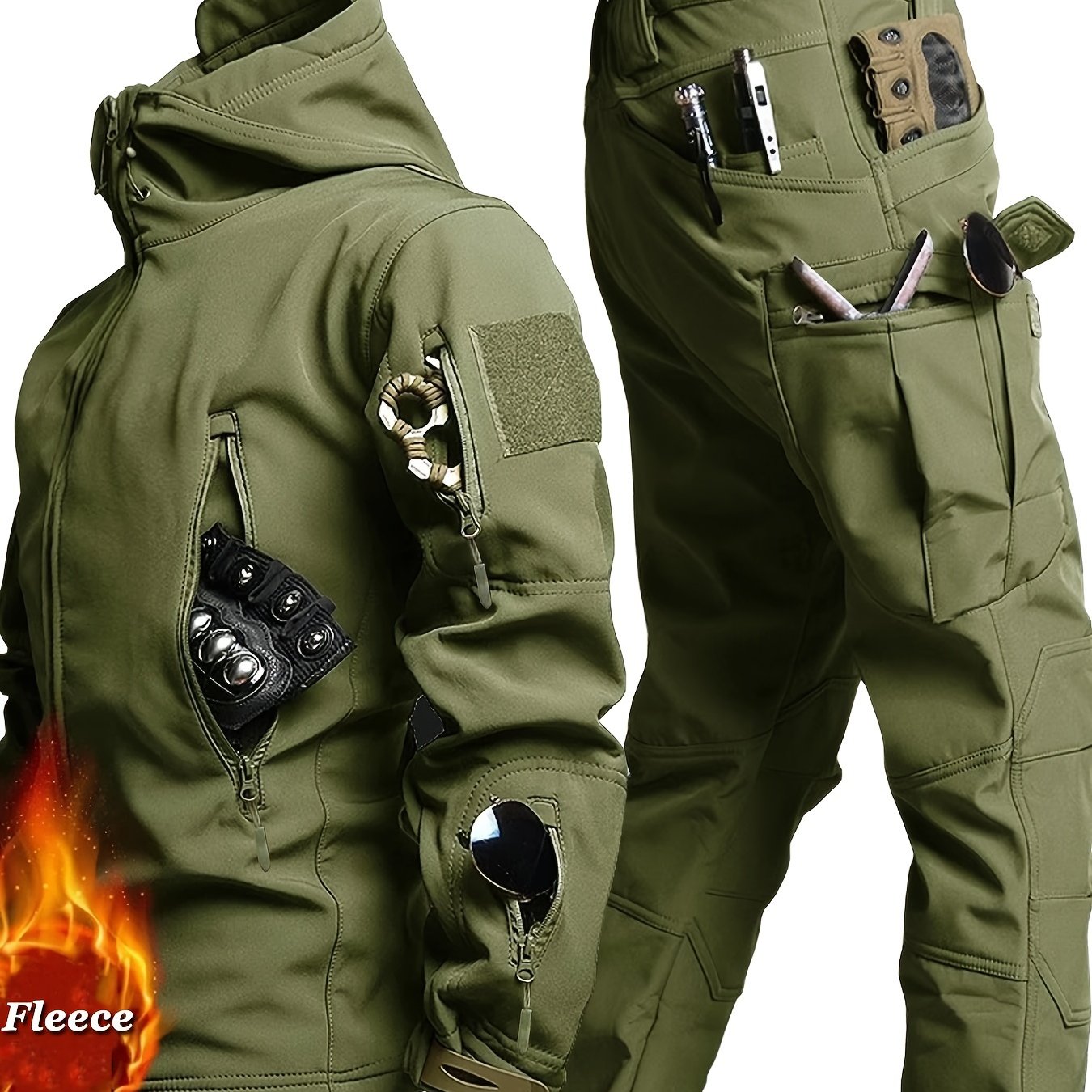 Men's Fleece-Lined Tactical Jacket and Cargo Pants Set for Outdoor Activities in Cold Weather