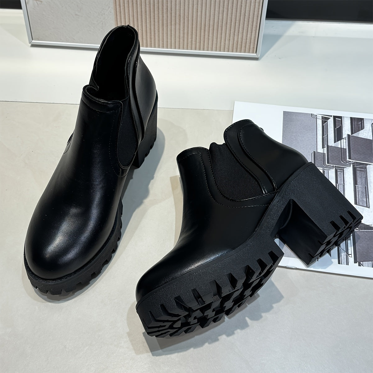 Women's Faux Cover Ankle Boots with Chunky Heel, Rubber Sole, Black