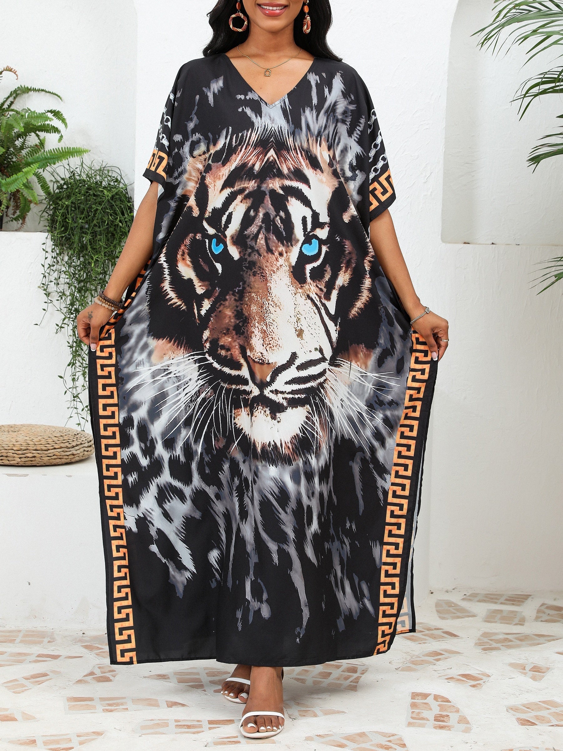 Плюс сайз тигровый принт V-образный вырез бохо накидка для осенних и зимних пляжных отпусков