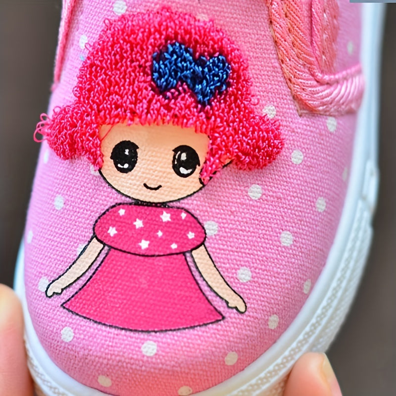 Girls' Pink Polka Dot Canvas Shoes with Cartoon Embroidery Breathable Lightweight for Spring and Fall