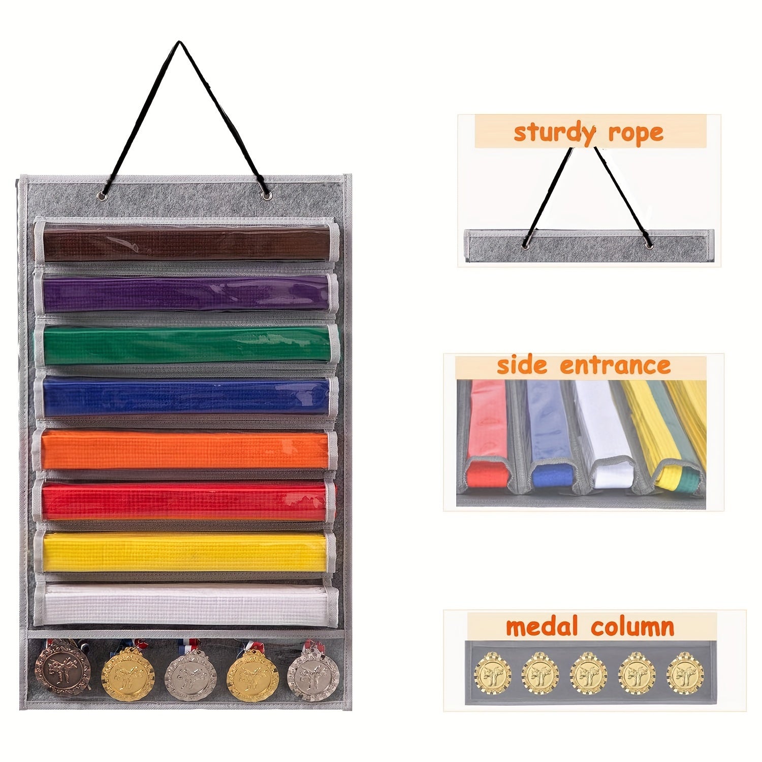 Martial Arts Belt and Medal Organizer Wall Rack with 9 Clear Pockets