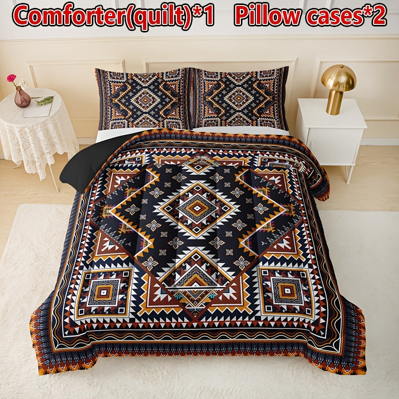 3-Piece Bohemian Plaid Quilt Set with Pillowcases All-Season Breathable Bedding