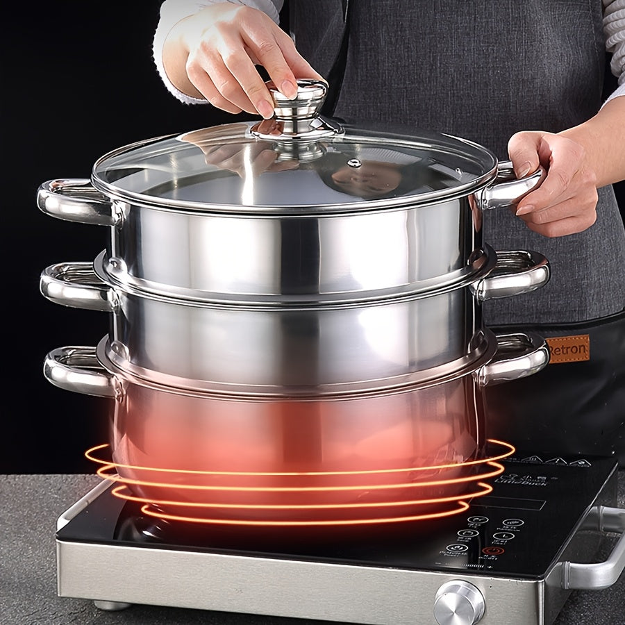 Stainless Steel Steamer Set 4 Pieces with Large Capacity 2 Tiers Soup Pot Lid