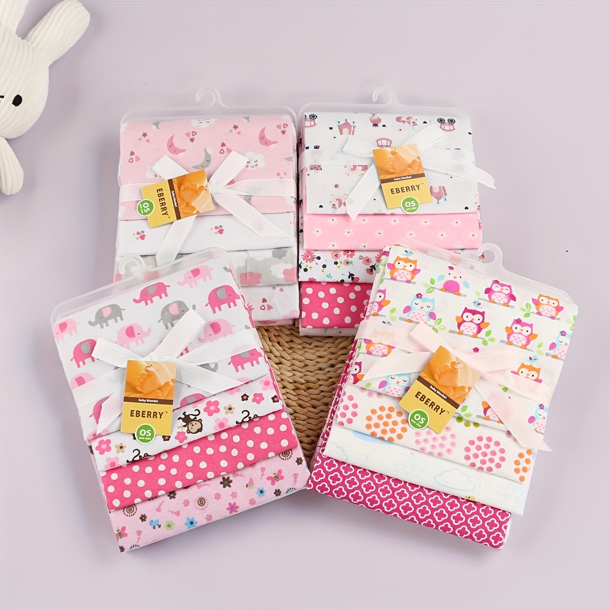 Baby Cotton Blankets Set of 4 for Newborns and Infants Soft Cartoon Prints Gift for Baby Shower Christmas Thanksgiving Valentine