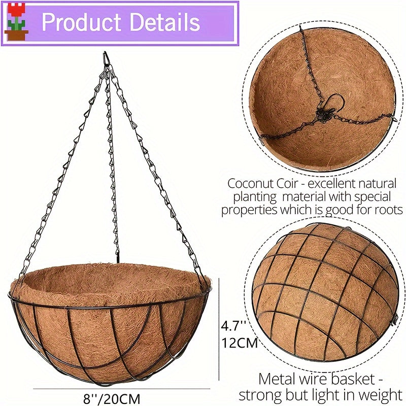 Set of 2 Metal Hanging Plant Baskets 10-Inch Round Wire with Coconut Liners for Outdoor Garden Decor