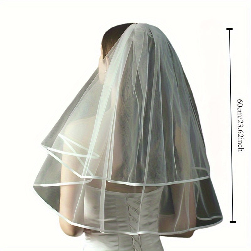 Oq qisqa to'y voil, ikki qavatli satindan tayyorlangan, sochga taqiladigan to'y voili