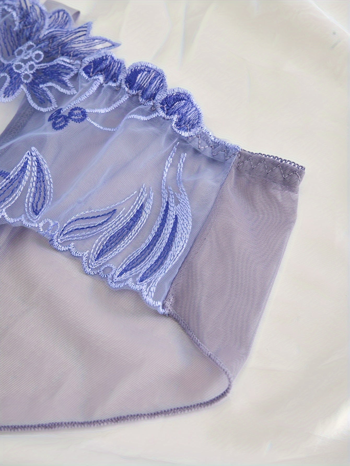 Women's Light Purple Lace Mesh Panties with Floral Embroidery and Open Crotch