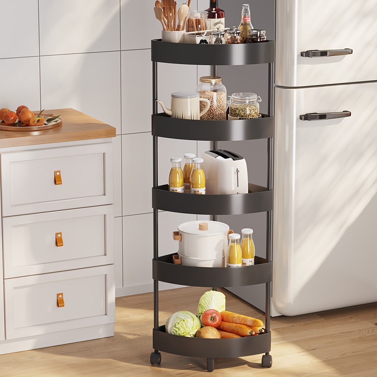 Multi-Tier Storage Rack on Wheels for Fruits Snacks and Beverages Black