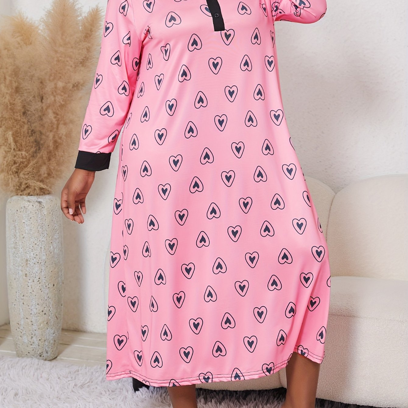 Women's Plus Size Heart Print Long Sleeve Sleep Dress for Fall Winter