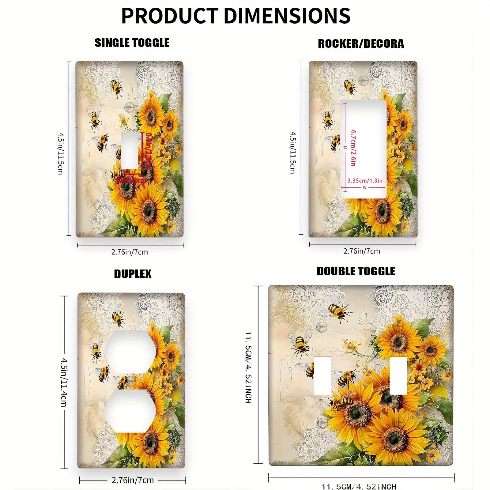 Luz decorativa de girasol y abejas para cubierta de interruptor para cocina, baño, dormitorio, 1 o 2 gang