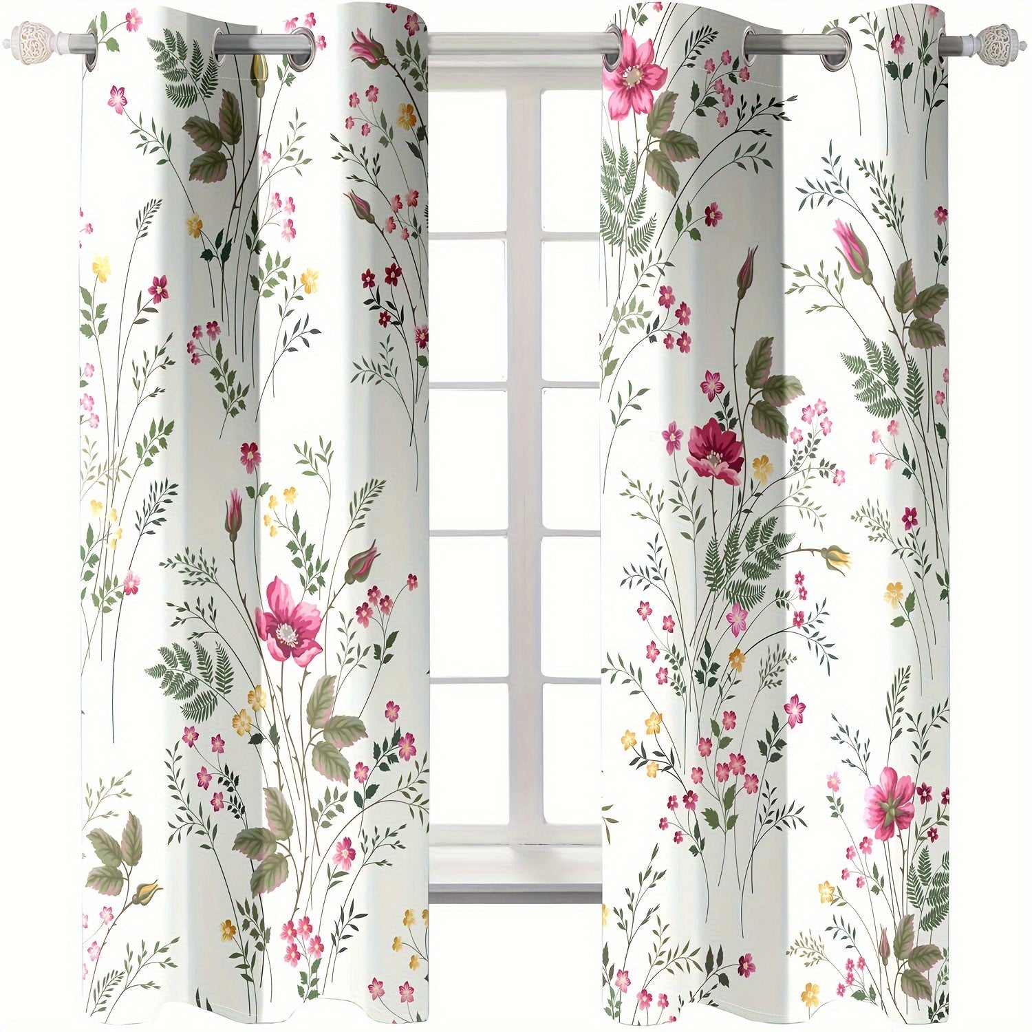 Floral and Green Plant Digital Print Curtains 2-Piece Set Fade-Resistant Machine Washable