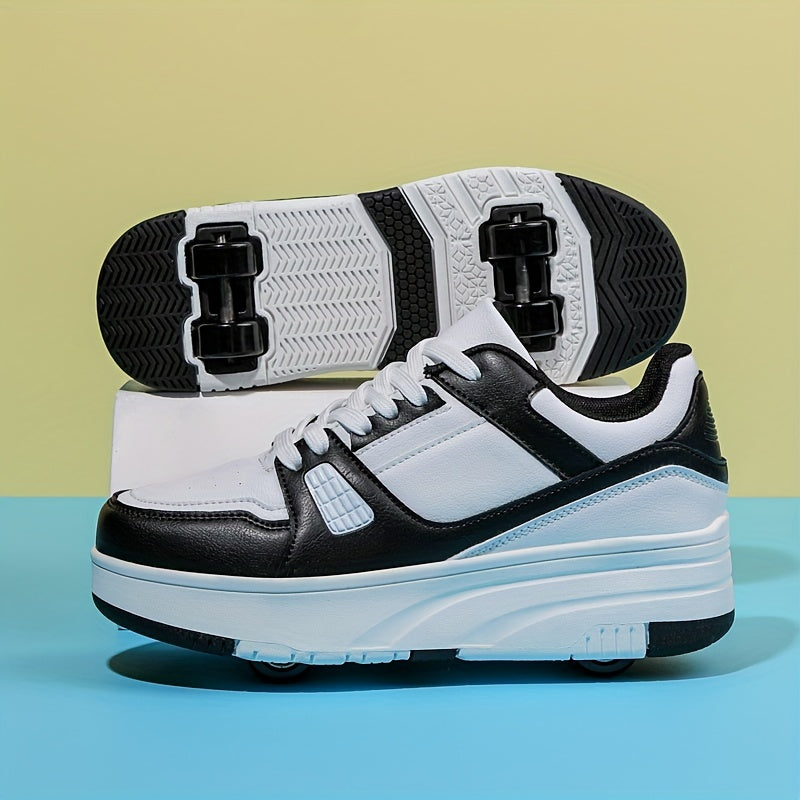 Kids Unisex Skateboard Shoes with Removable Roller Skates Plaid Fabric Low Top Sneakers for Boys and Girls Ages 14 and Under