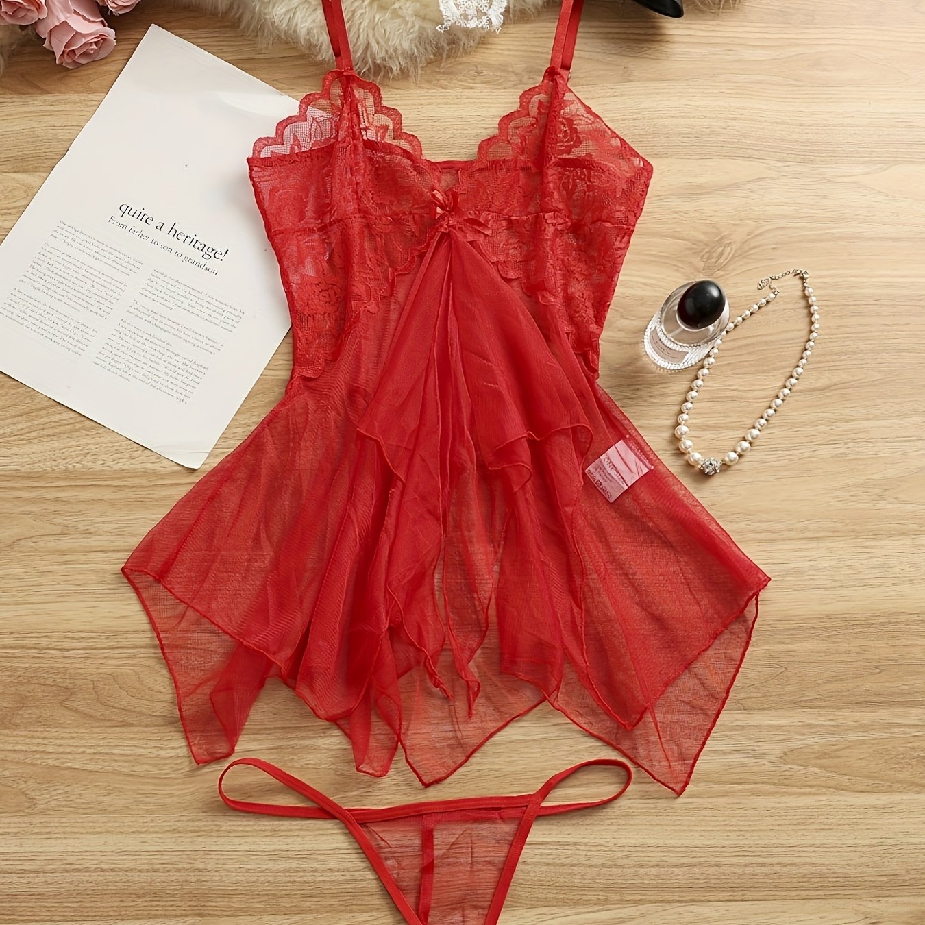 Women’s Sheer Mesh Lingerie Set with Knit Polyester Slip and Tulle Nightdress