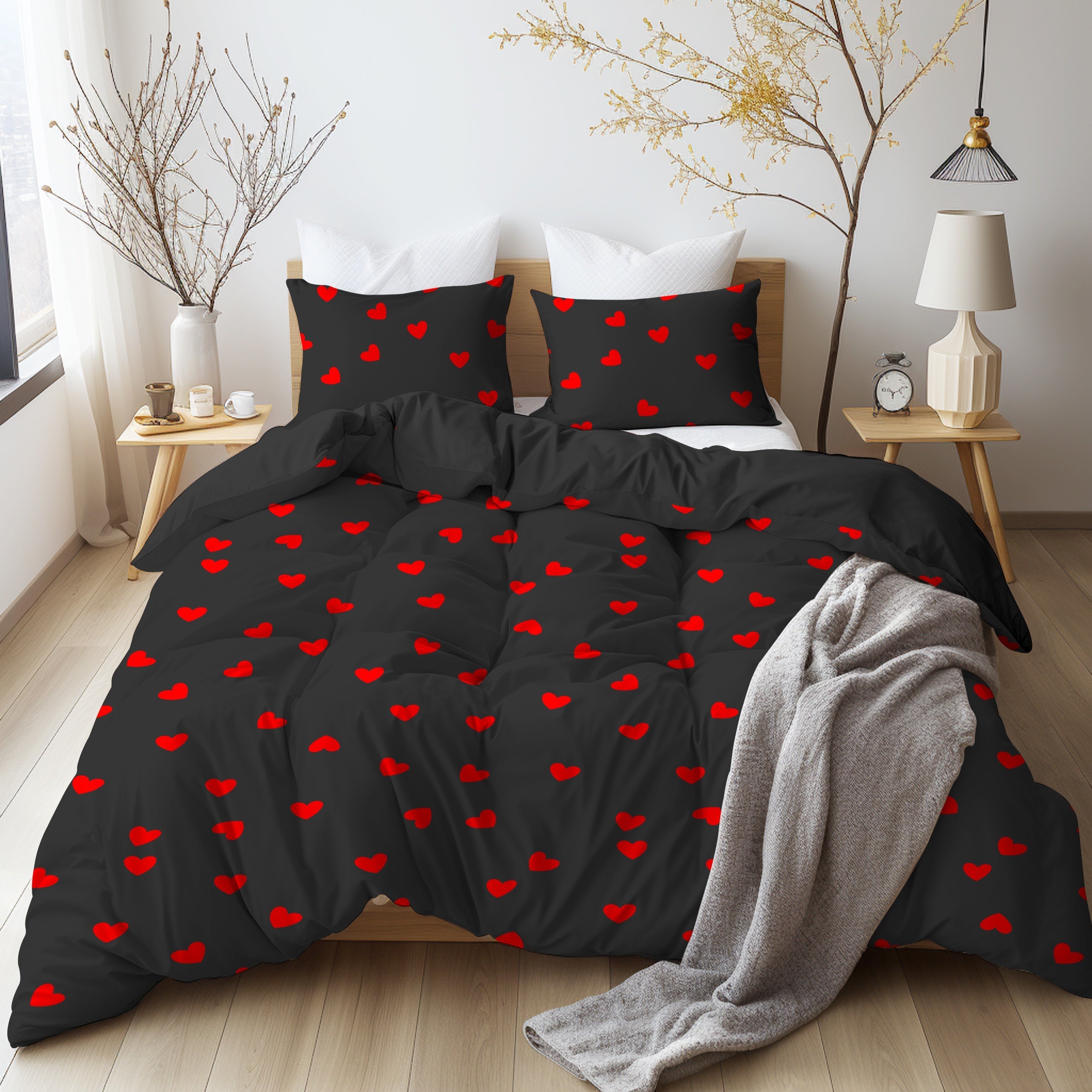 Brushed Duvet Cover Set with Love Print 3 Pieces Soft Skin-Friendly Bedding