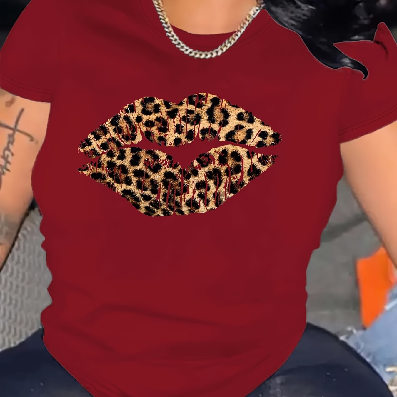 Women's Leopard Lip Print Crew Neck T-Shirt Casual Summer Spring Polyester