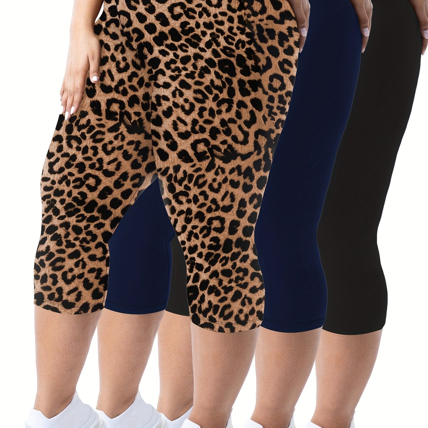 Plus Size Women's High-Waist Capri Leggings Solid Color Stretchy Casual