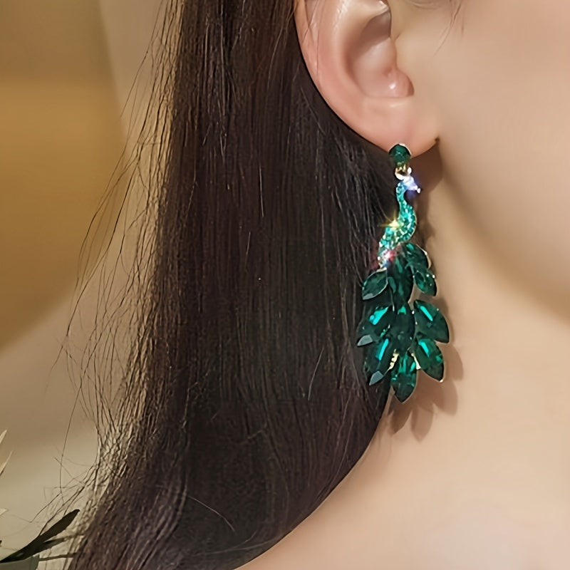 Peacock Crystal Drop Earrings Gold Plated Alloy Rhinestones Silver Studs Green Red Women