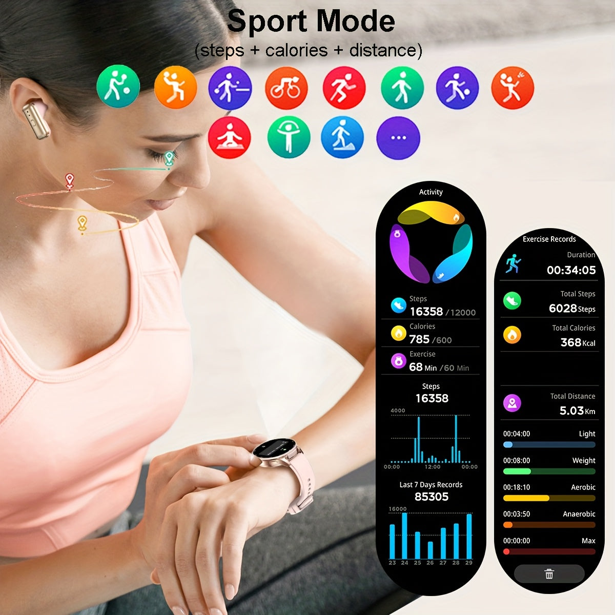 Women's Smartwatch with Wireless Earphone Fitness Tracker Sports Modes Stylish Design