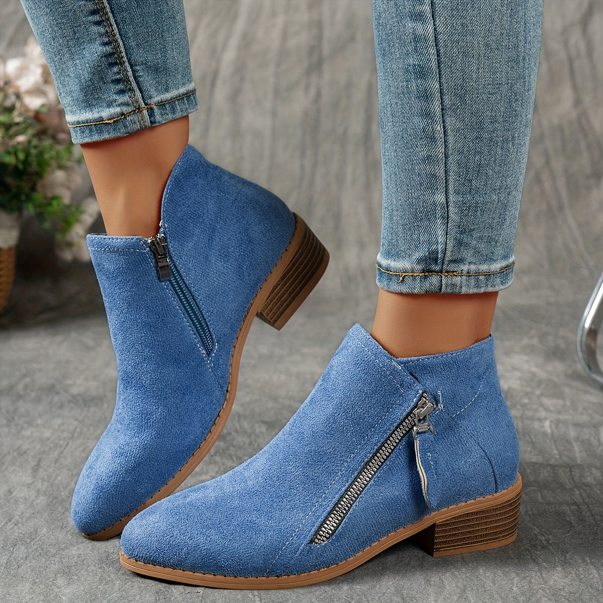 Women's Velvet Chunky Heel Ankle Boots with Slip-On Zipper and Non-Slip Sole
