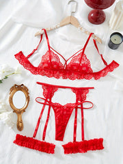 Women's Floral Lace Lingerie Set Includes Bra Thong Garter Belt Sexy Intimates