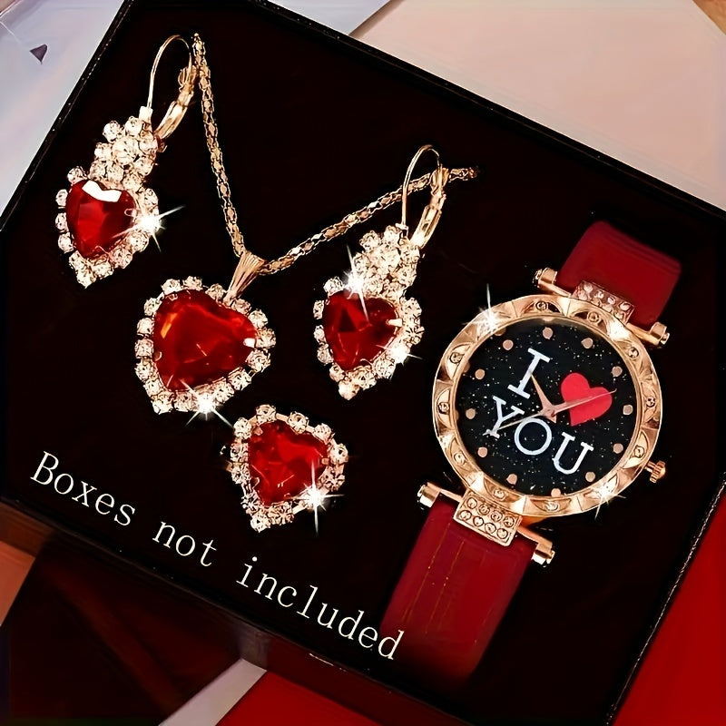 Women's Rhinestone Quartz Watch and Jewelry Set with Heart "I Love You" Design 5 Pieces