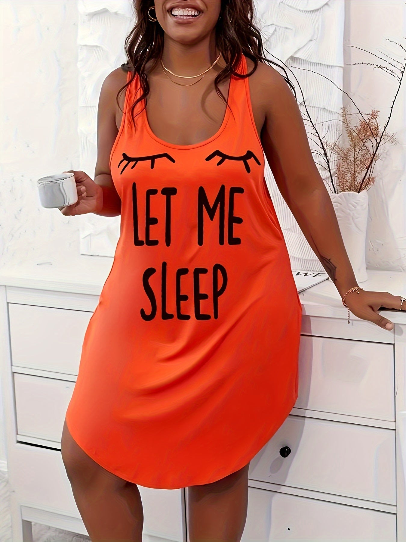 Plus-Size Women's Casual Pajama Set Letter Print Tank Nightgown Summer Sleepwear