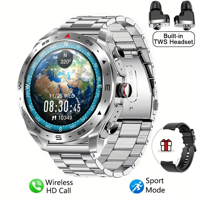 Reloj inteligente para hombres con auriculares TWS integrados, pantalla táctil HD, rastreador de actividad física, correa de acero y silicona resistente al agua
