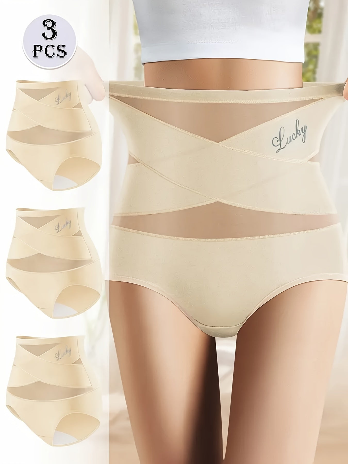 3-Pack High Waist Shapewear Panties with Alphabet Print Adjustable Cross Design Polyester Elastane Knit Fabric