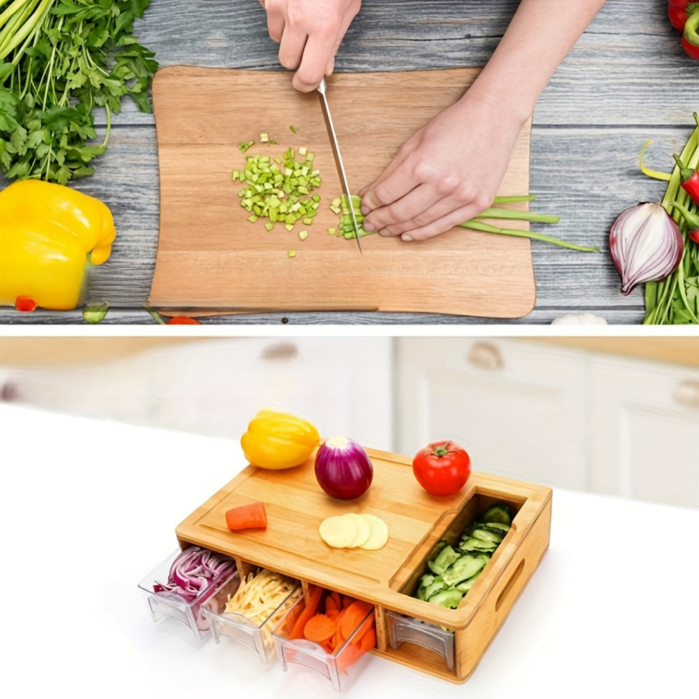 Bamboo Chopping Board with Drawer Containers and Juice Grooves Kitchen Organizer