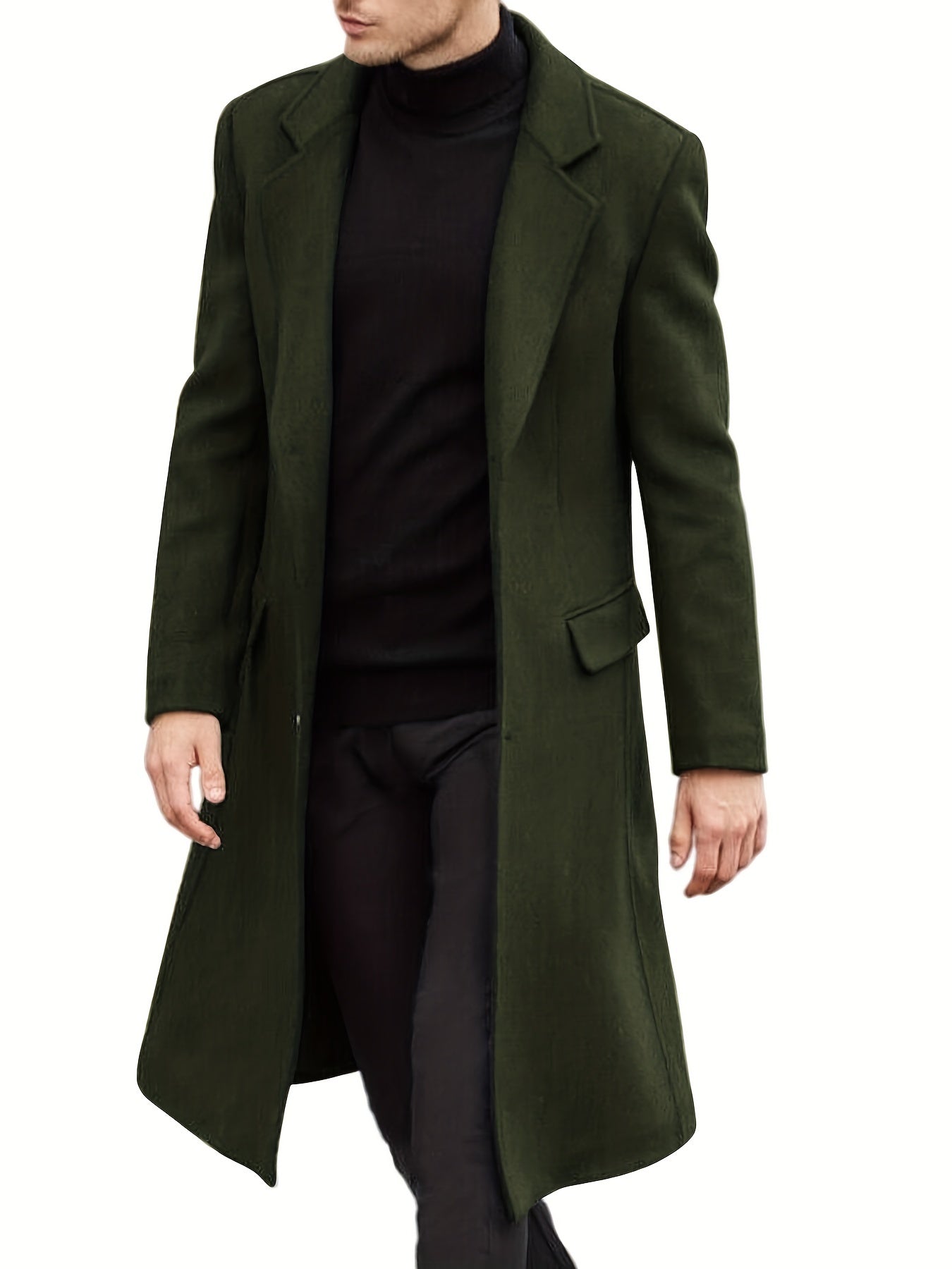 Men's Red Mid-Length Polyester Pea Coat with Single-Breasted Design Pockets and Button Closure for Fall Winter