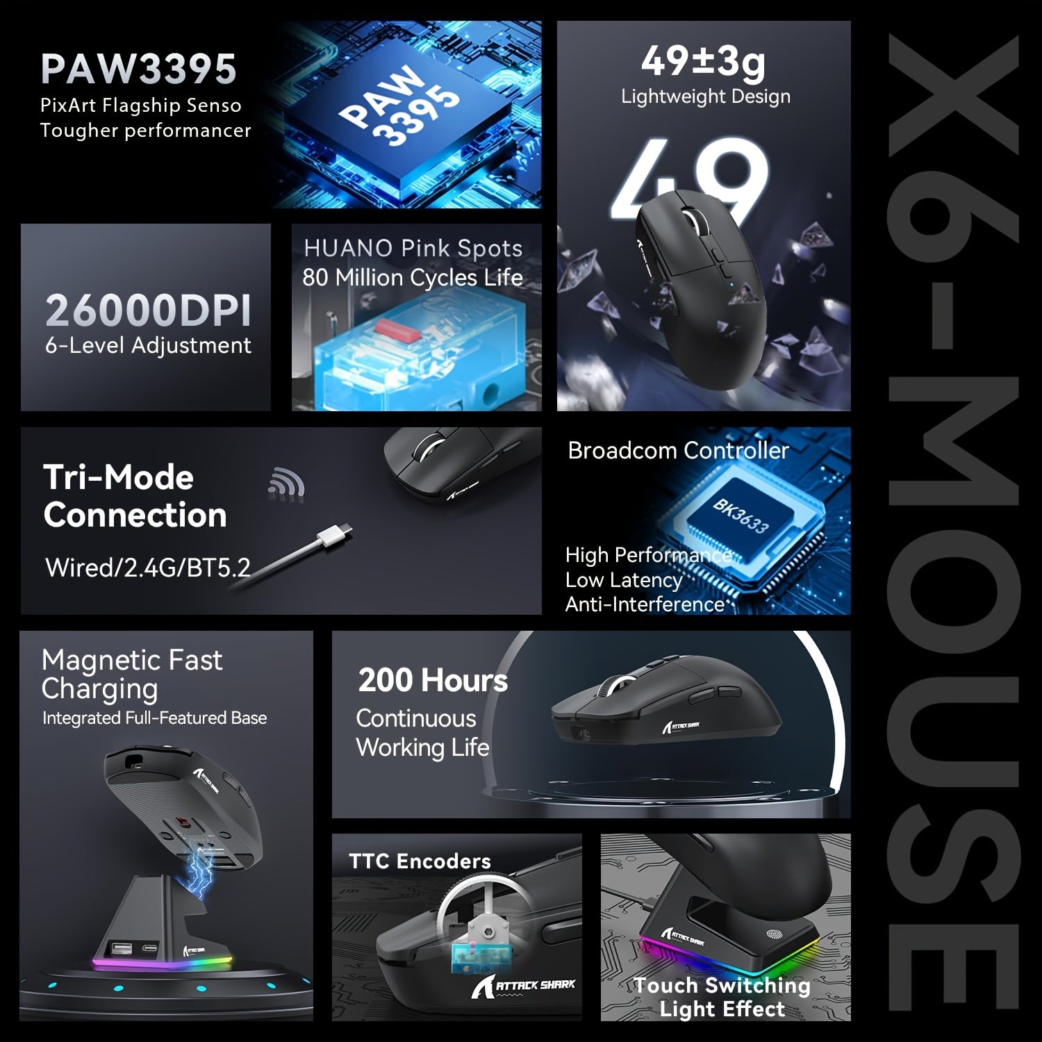 "Attack Shark X6 Superlight Gaming Mouse with Magnetic Charging Dock, PixArt PAW3395 Sensor, Ambidextrous, for Windows, Xbox, PS, Mac - 300mAh Rechargeable Battery, Type-C USB Charging"