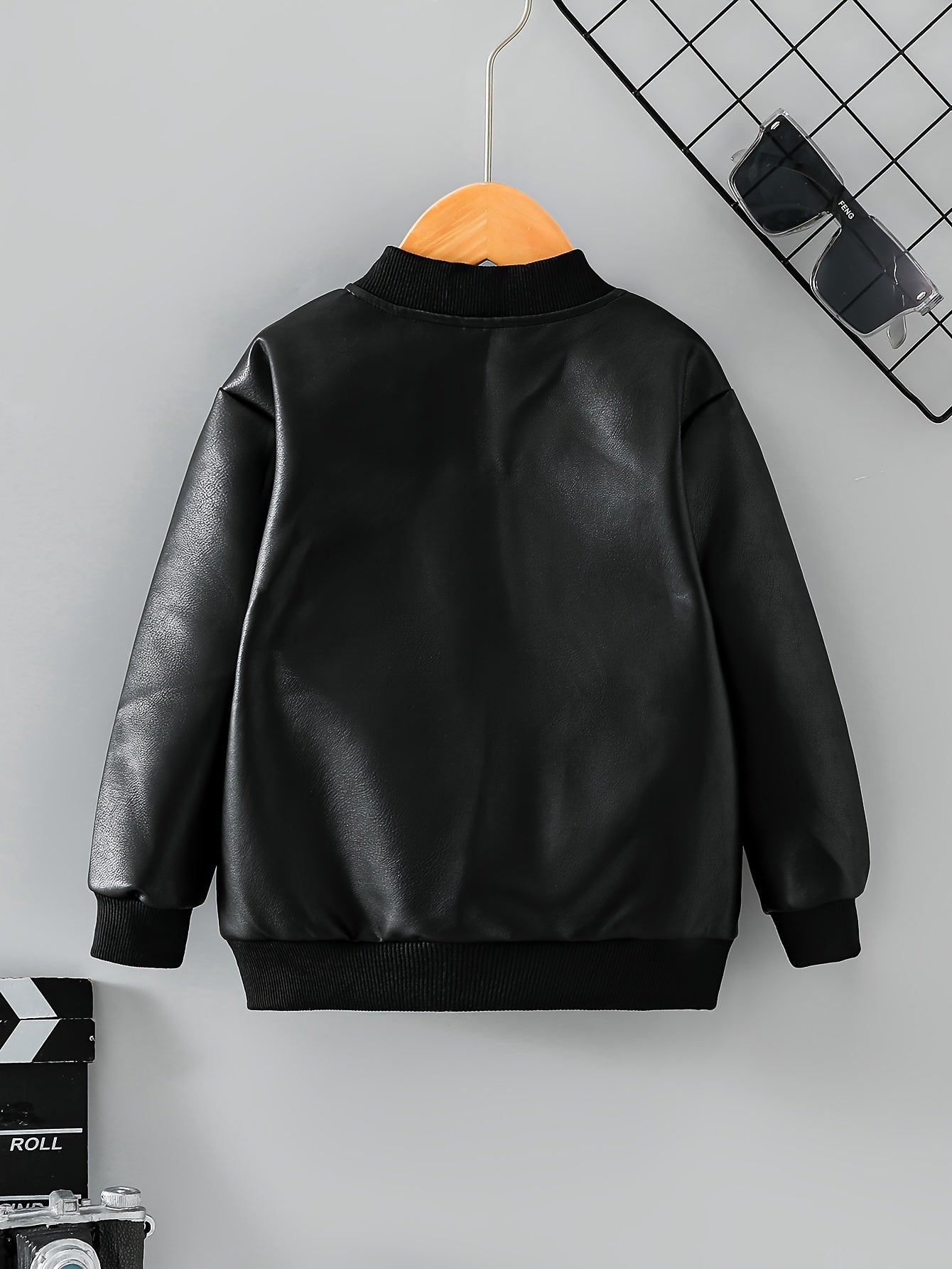 Kids Boys Black Faux Leather Jacket with Zipper Lapel Collar All-Season Casual