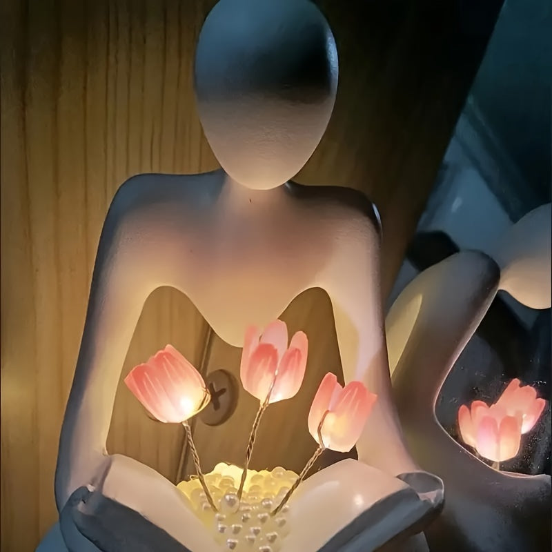 Abstract Human Figure Tulip LED Night Light with Adjustable Brightness Battery-Powered Desk Decor