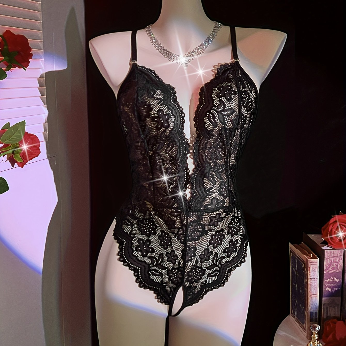 Women's Lace Bodysuit Deep V-Neck Open Crotch High Waist Lingerie