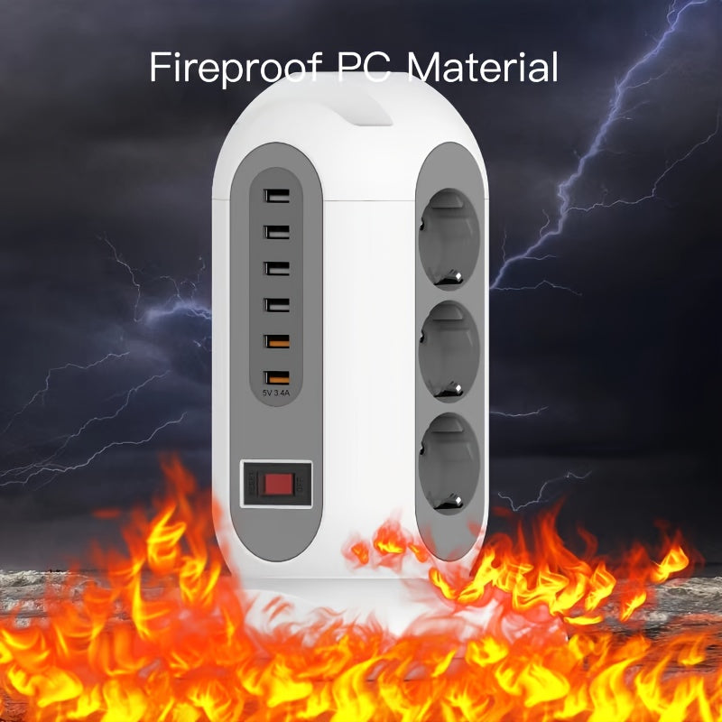 Regleta de corriente EU Tower con 9 tomas de corriente AC y 6 puertos USB, cable de 1.8 m, protección contra sobrecargas